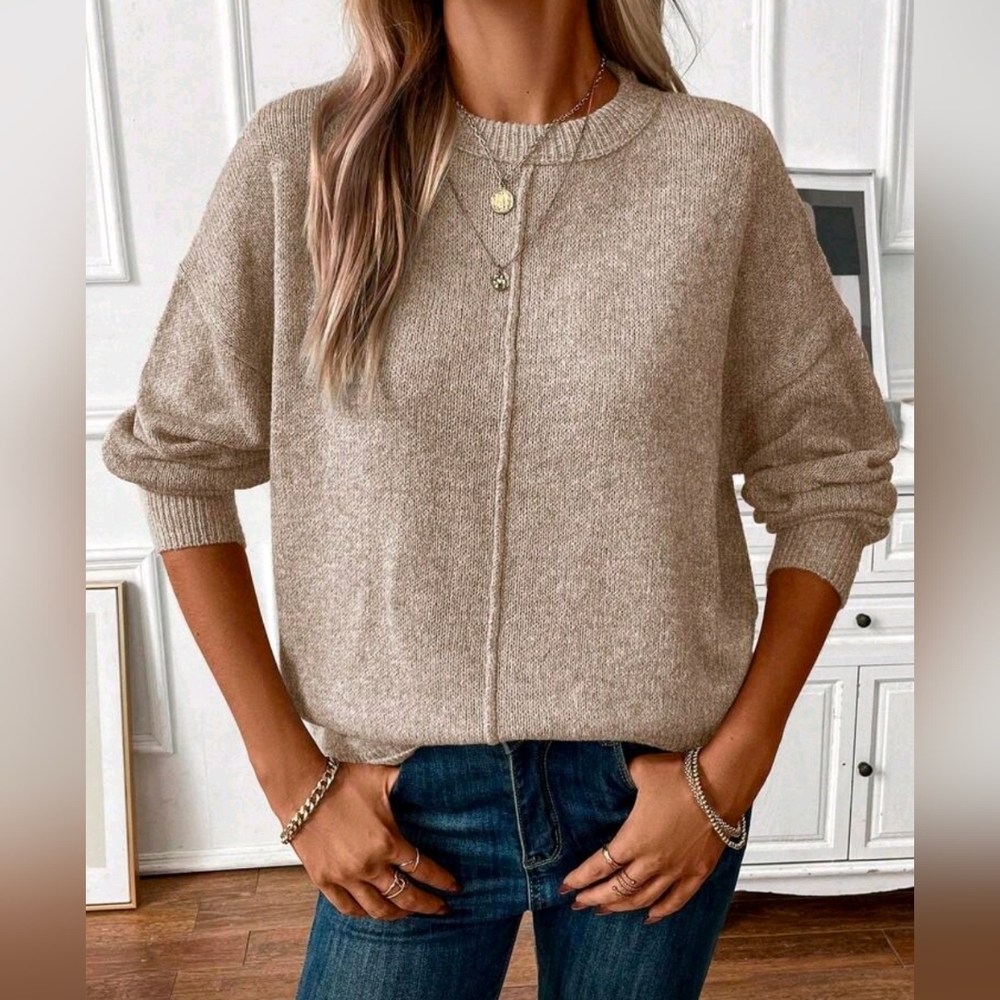 New Oversized Seamed Knit Sweater Top Pullover Khaki Tan
